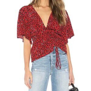 Lovers + Friends Valentina Top Small Red Animal Print Cinch Front Flutter S/S